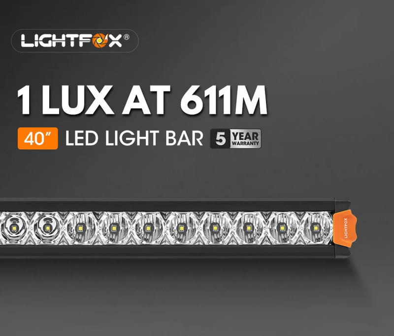 Lightfox Vega Series 40-inch LED light bar with circular light units and orange end caps