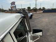 Chrome side mirror on classic Landcruiser with Meredith stainless steel snorkel kit