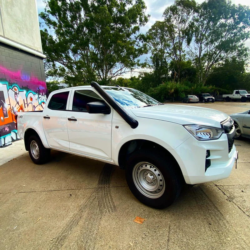 White Isuzu DMAX with stainless steel snorkel and Meredith Stainless Steel Snorkel Kit
