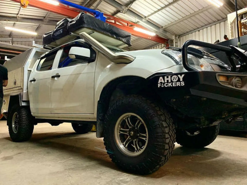 Off-road pickup truck with AHOY branding and steel snorkel roof rack for Isuzu D-MAX