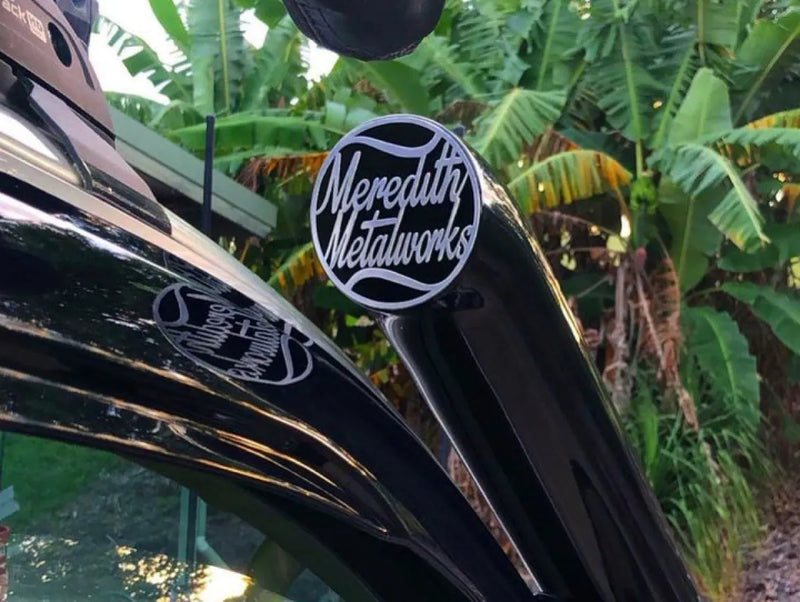 Black steel snorkel with Meredith Metalworks logo on seat tube, for stainless steel snorkel upgrade