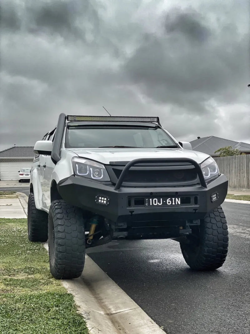 Heavy modified white pickup with oversized tires and custom bumper for Isuzu D-MAX stainless steel snorkel kit