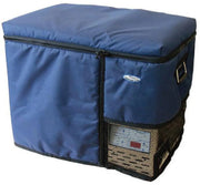 Blue insulated cooler bag with zippered top and side pocket for National Luna fridge protection