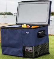 Portable electric cooler with navy blue exterior open lid packed with fresh fruits, National Luna fridge accessory
