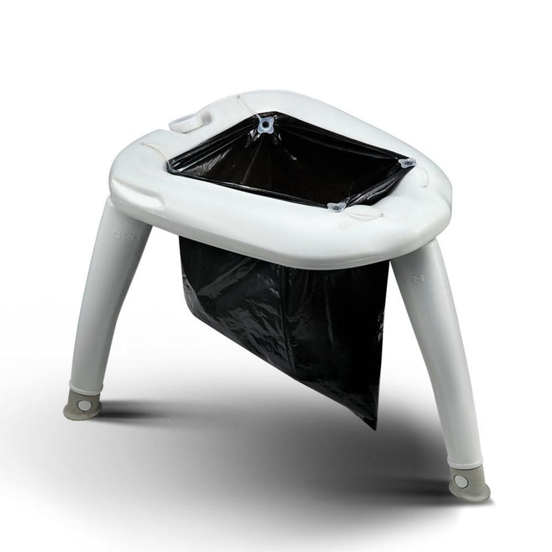 Outdoor Portable Folding Camping Toilet with white frame and black waste bag for camping