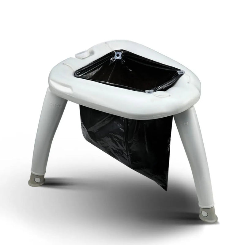 Outdoor Portable Folding Camping Toilet with white frame and black waste bag for camping