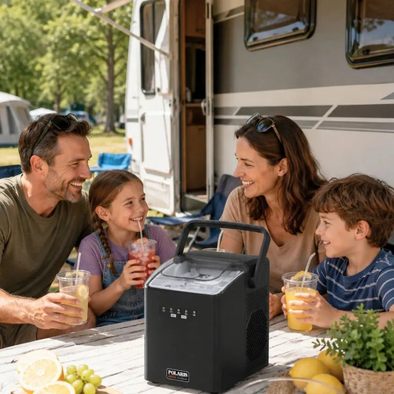 Family using the Polaris 12V ice maker at camp