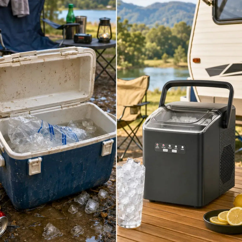 Ice in an esky beside the Polaris 12V ice maker