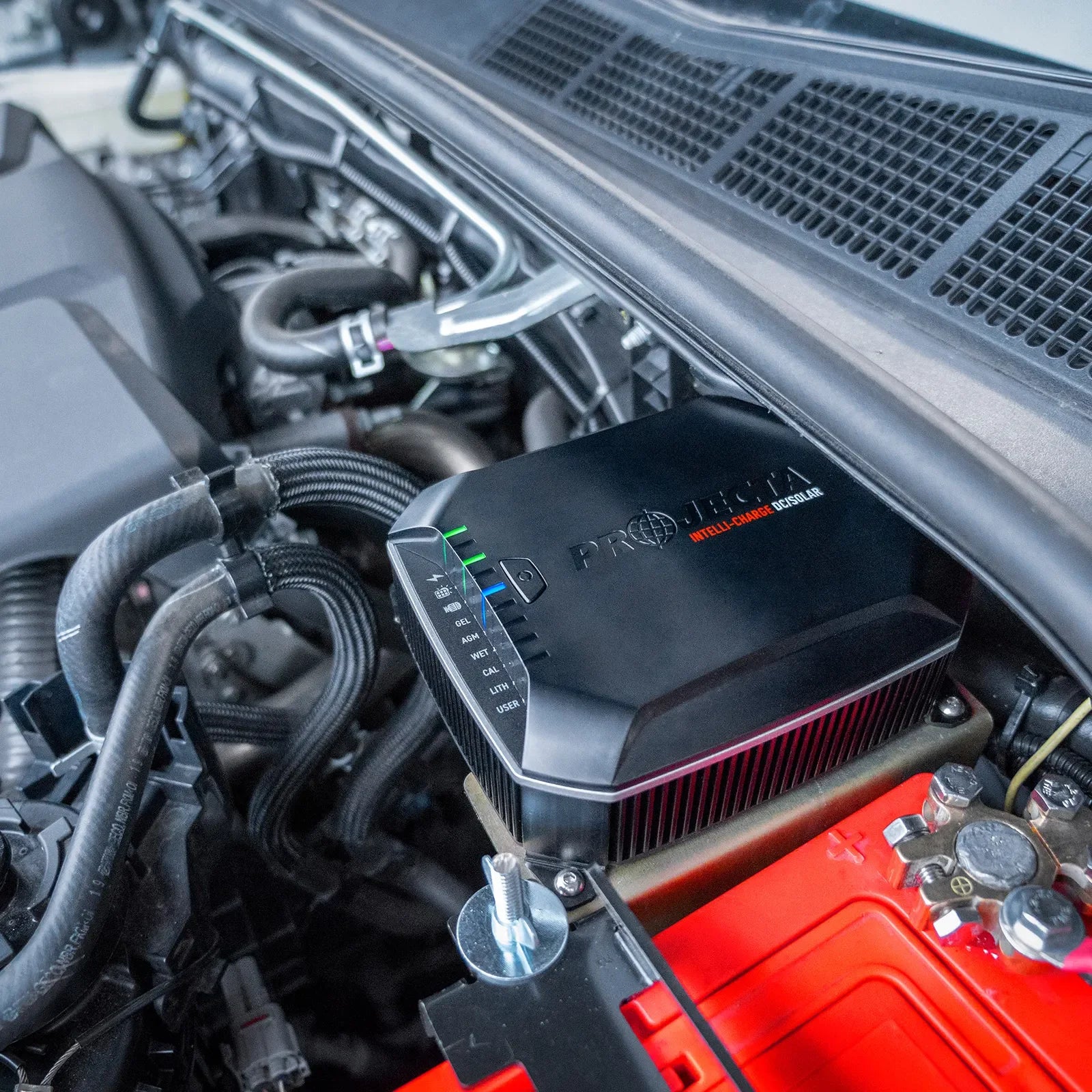 Projecta IDC25X installed under the bonnet beside a vehicle battery