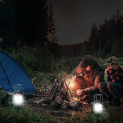 LED camping scene with tent and campfire, featuring Randy & Travis LED camping lanterns