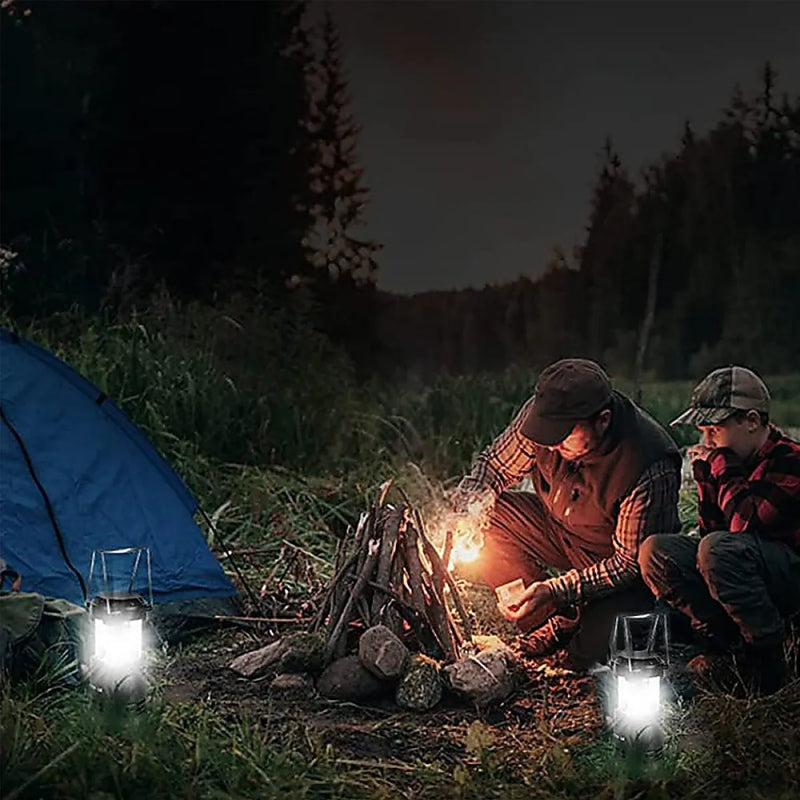 LED camping scene with tent and campfire, featuring Randy & Travis LED camping lanterns