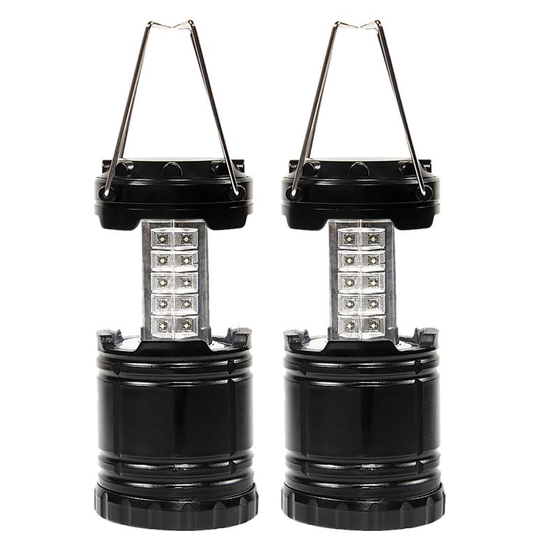 Pair of portable LED camping lanterns with collapsible design and handles for camping outdoor lighting