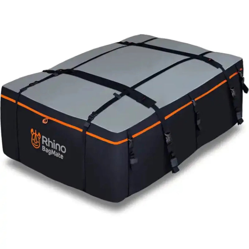 Roof-mounted cargo carrier with black gray fabric and orange accents for rooftop cargo