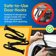 Safe-to-use door hooks for cars as an alternative to dangerous interior straps for rooftop cargo