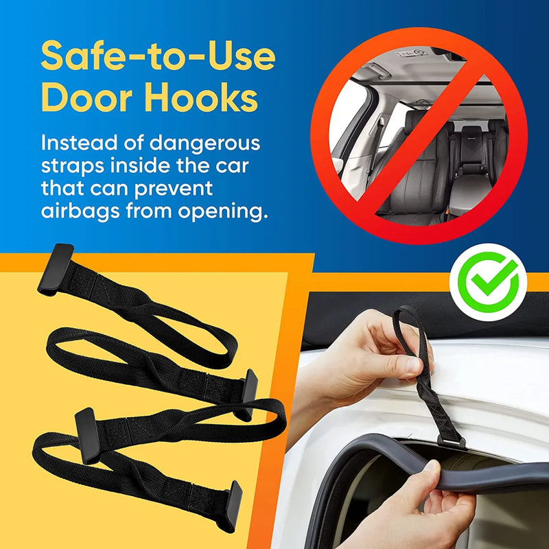 Safe-to-use door hooks for cars as an alternative to dangerous interior straps for rooftop cargo
