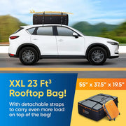 White SUV with Rhino BagMate roof bag and surfboard, efficient rooftop cargo carrier