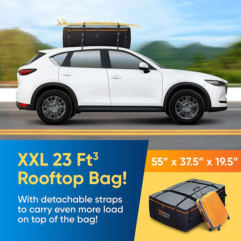 White SUV with Rhino BagMate roof bag and surfboard, efficient rooftop cargo carrier