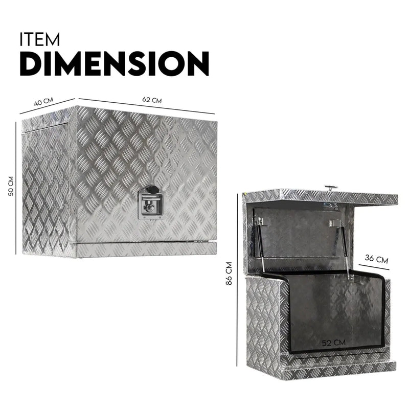 Aluminium toolbox with diamond-plate pattern and fully welded seams for ute trailer truck