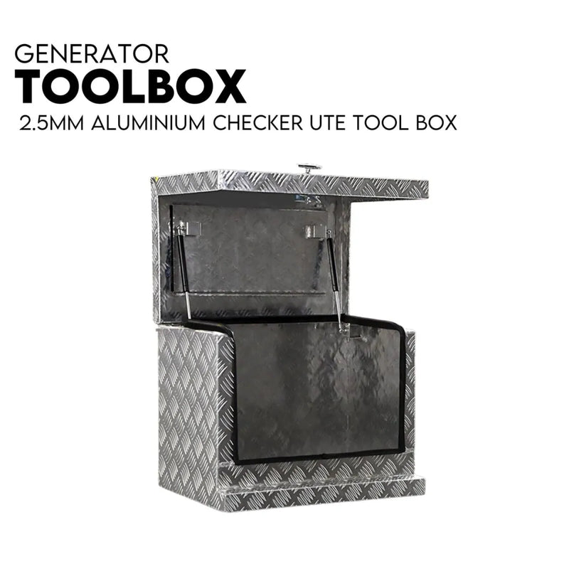 Aluminium toolbox with fully welded seams, open lid, and front compartment for Ute