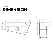 Technical drawing of Robusto Aluminium Under Tray Tool Box showing dimensions of an irregularly shaped tray tool box