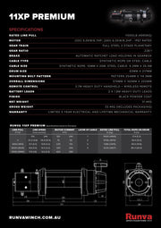 Technical specification sheet for Runva 11XP Premium winch with synthetic rope and high performance features