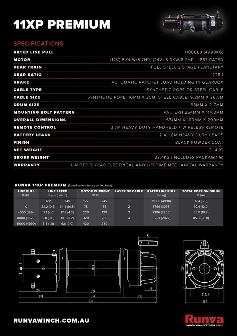 Technical specification sheet for Runva 11XP Premium winch with synthetic rope and high performance features