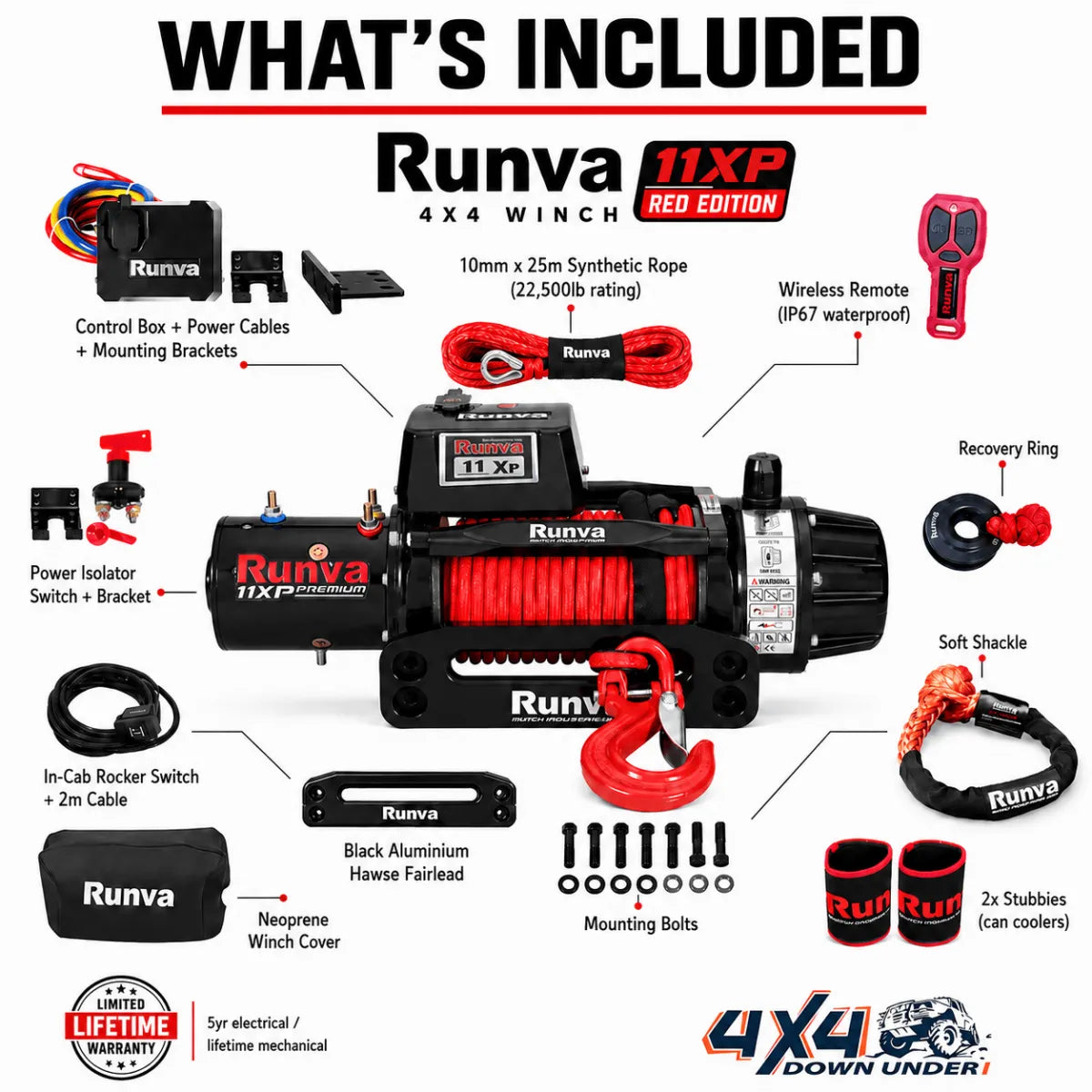 Runva 11XP Premium Red Edition 12V Winch with Synthetic Rope