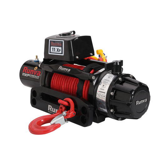 Runva 11XP Premium Red Edition winch with red synthetic rope and hook