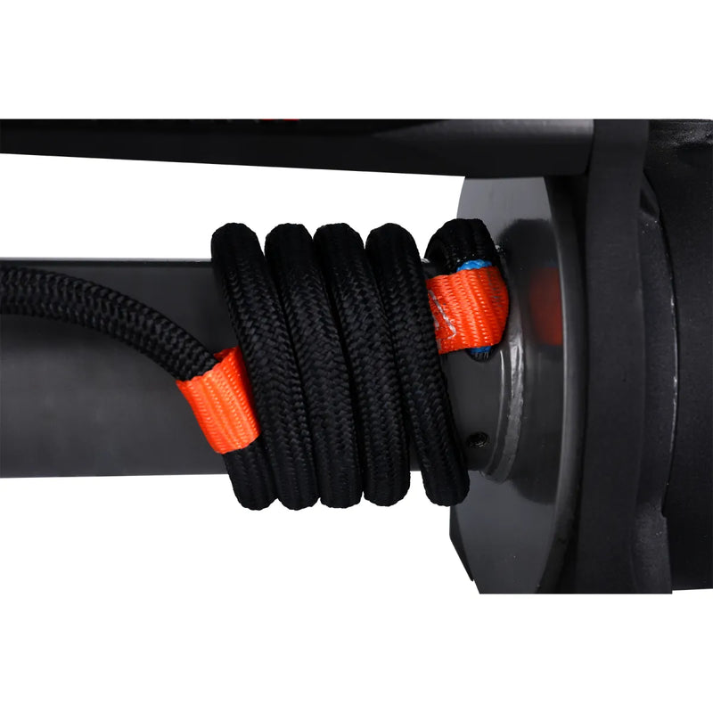 Black coiled synthetic rope with orange accents on Runva 11XP Premium Red Edition winch