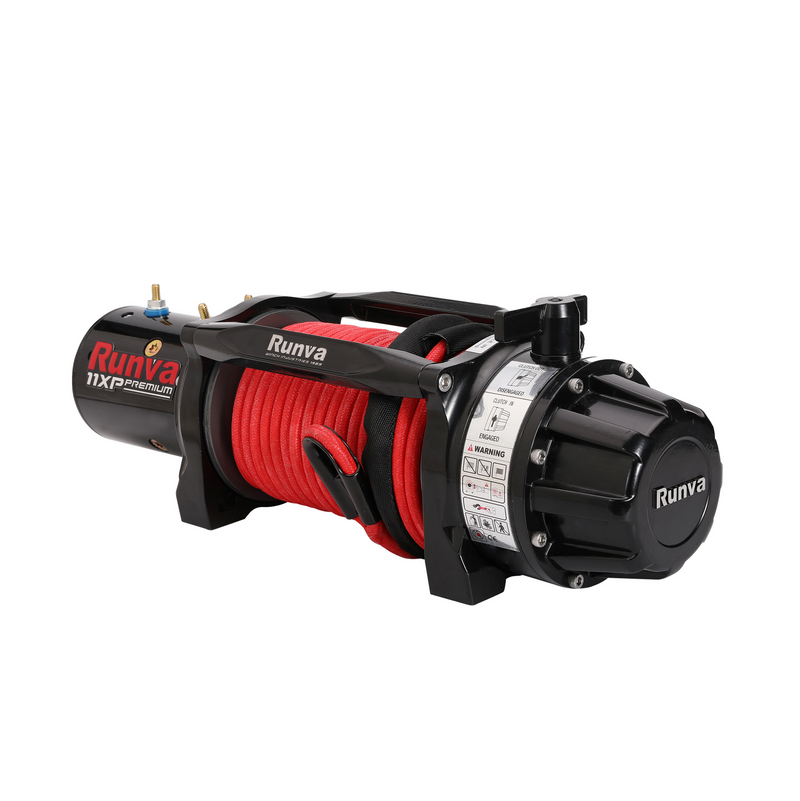 Rugged black and red Runva 11XP Premium Red Edition 12V Winch with synthetic rope