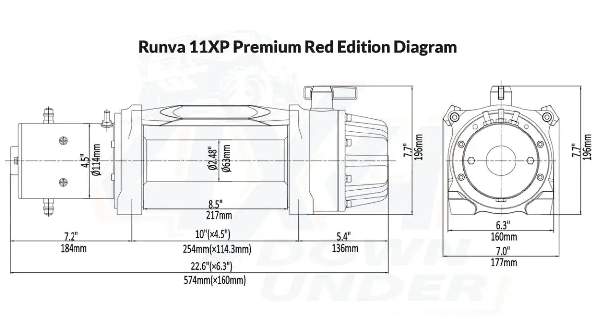 Technical dimension diagram for the Runva 11XP Premium Red Edition winch