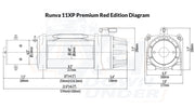 Technical diagram with dimensions and specs for Runva 11XP Premium Red Edition winch