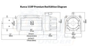 Technical diagram with dimensions and specs for Runva 11XP Premium Red Edition winch