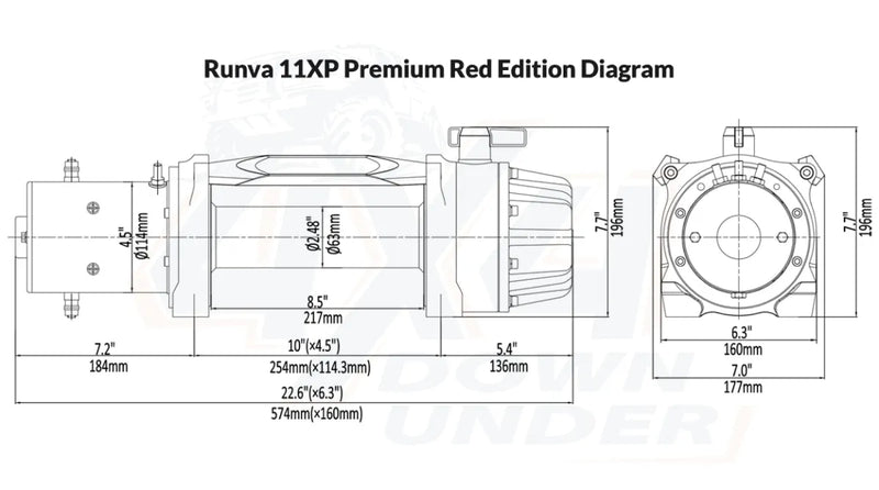 Technical diagram with dimensions and specs for Runva 11XP Premium Red Edition winch