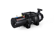 Black electric winch with metal cable spool and motor housing for high line pull 11XS Premium synthetic rope