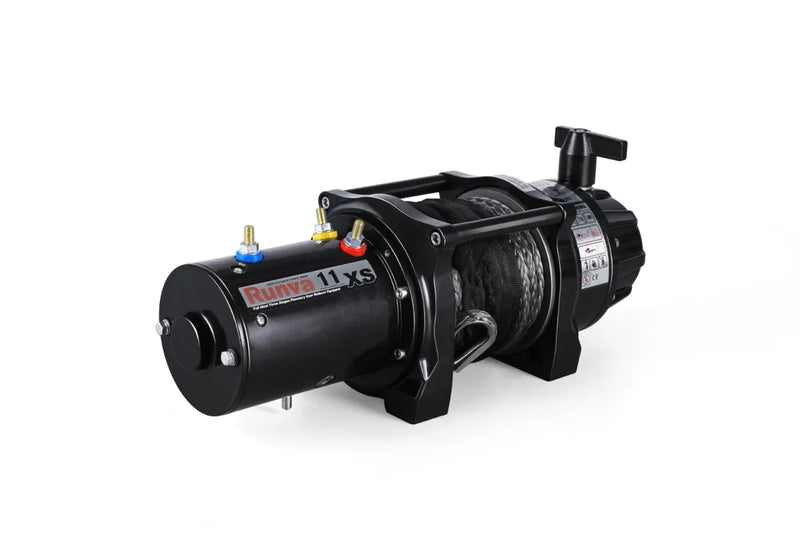 Black electric winch with metal cable spool and motor housing for high line pull 11XS Premium synthetic rope