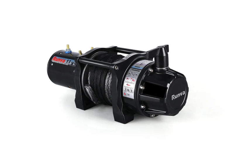 Black electric winch with steel cable and Runva branding for 11XS Premium synthetic rope line pull