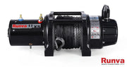 Black electric winch with synthetic rope and Runva branding for high line pull 11XS Premium