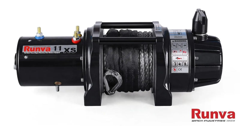 Black electric winch with synthetic rope and Runva branding for high line pull 11XS Premium