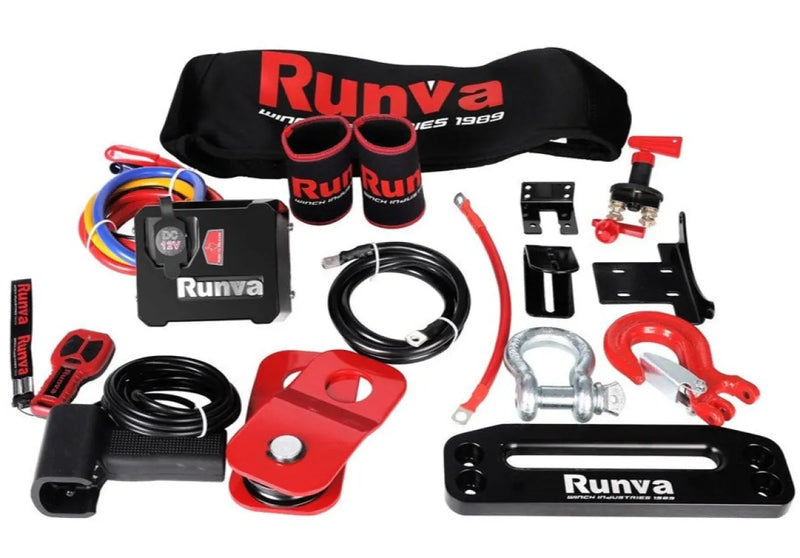 Collection of Runva 13XP Premium off-road winching equipment with synthetic rope