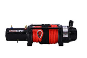 Heavy-duty Runva 13XP Premium winch with black body and bright red synthetic rope