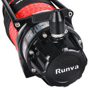 Electric winch with red synthetic rope and Runva branding for Runva 13XP Premium 12V/24V