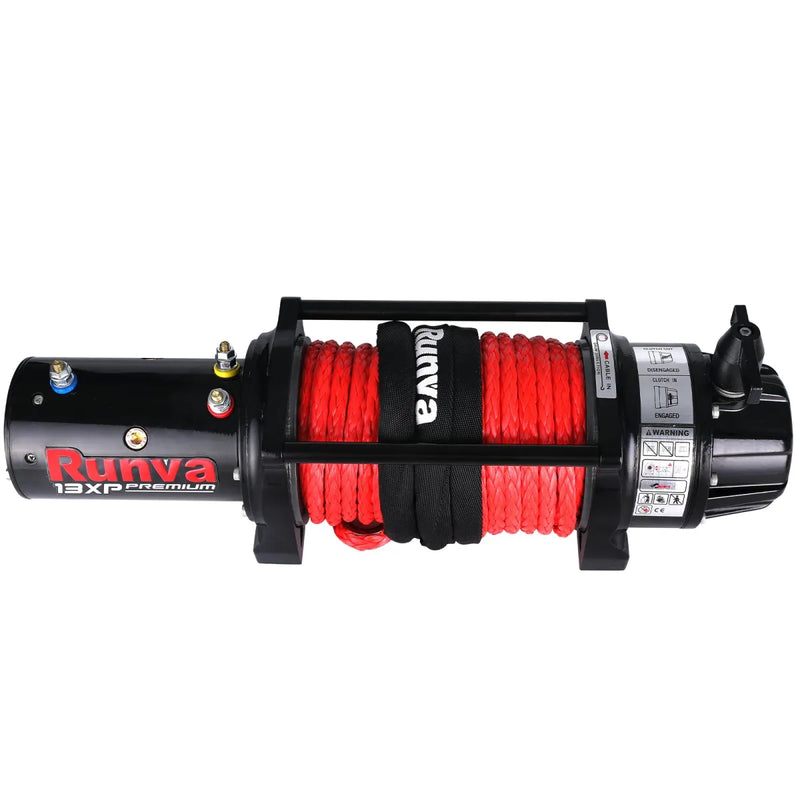 Rugged black and red electric winch with synthetic rope for Runva 13XP Premium series