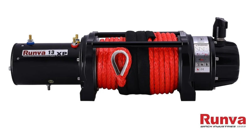 Rugged black and red Runva 13XP Premium electric winch with synthetic rope