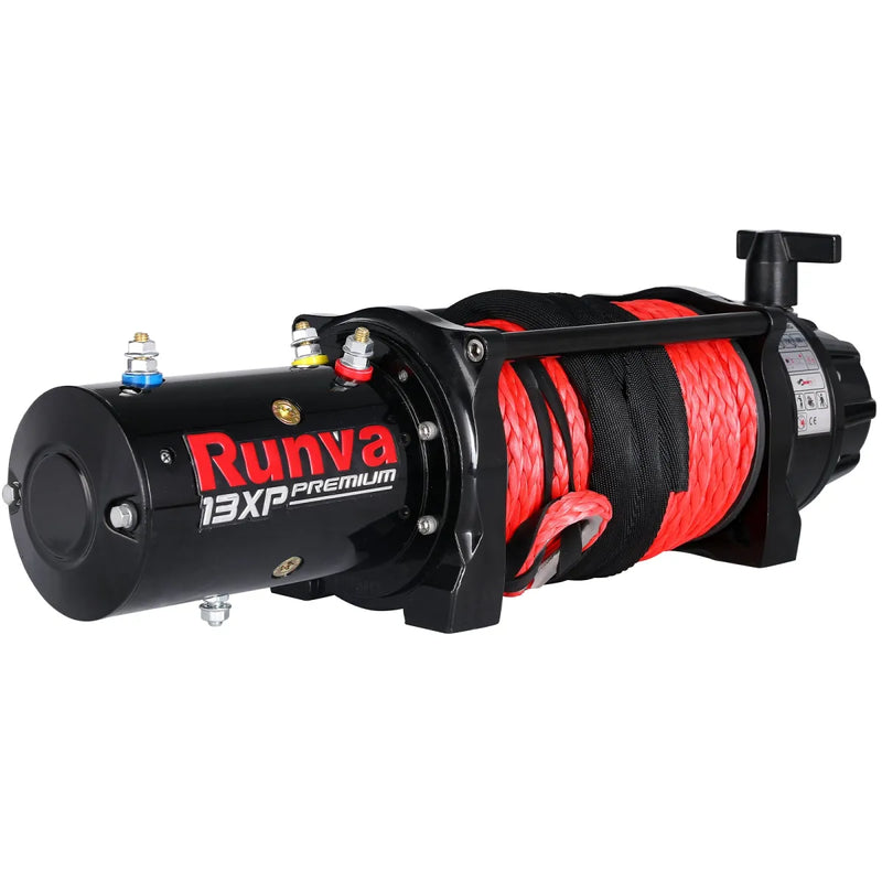 Runva 13XP Premium electric winch with red synthetic rope for heavy-duty recovery tasks