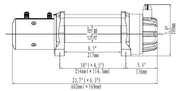 Technical schematic of runva 13xp premium cylindrical winch with labeled dimensions