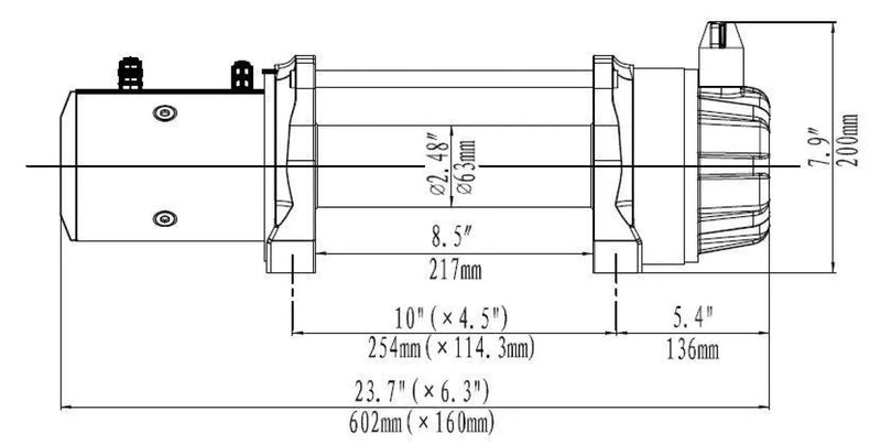 Technical schematic of runva 13xp premium cylindrical winch with labeled dimensions
