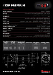 Technical spec sheet for Runva 13XP Premium winch with features and dimensions data