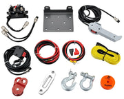 Collection of winch accessories with synthetic rope and mounting hardware for off-road vehicles