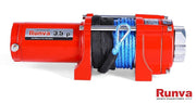 Red electric winch with blue synthetic rope for line pull and horse carriage use